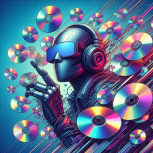 robot wearing sunglasses and headphones pointing at flying CDs