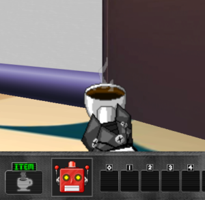 disco-robo holding a coffee cup